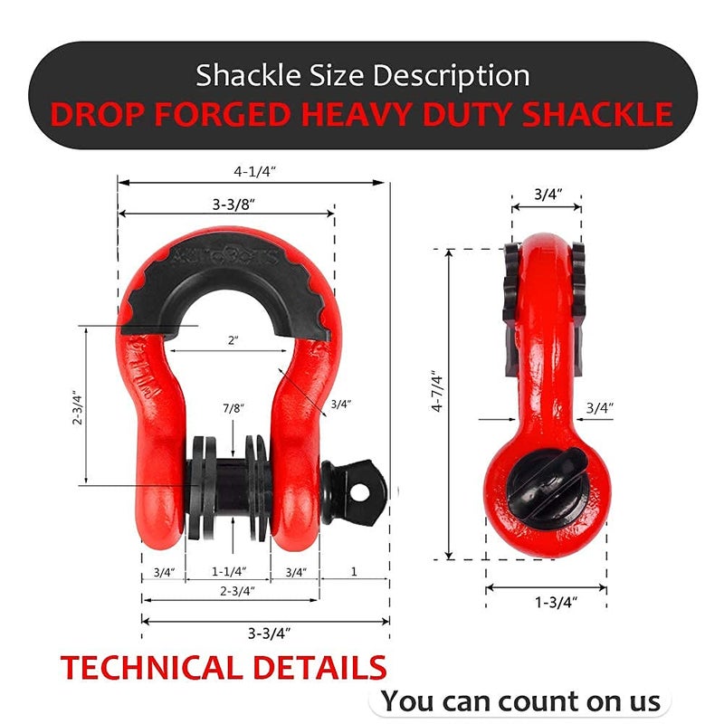 AUTOBOTS Shackles 3/4" (2 Pack), D Ring Shackles 45,000Ib Max Break Strength with 7/8" Pin & Isolator Washers Heavy Duty Clevis Shackle for Tow Strap Jeep Vehicle Off Road Recovery Red-Black - Image 2